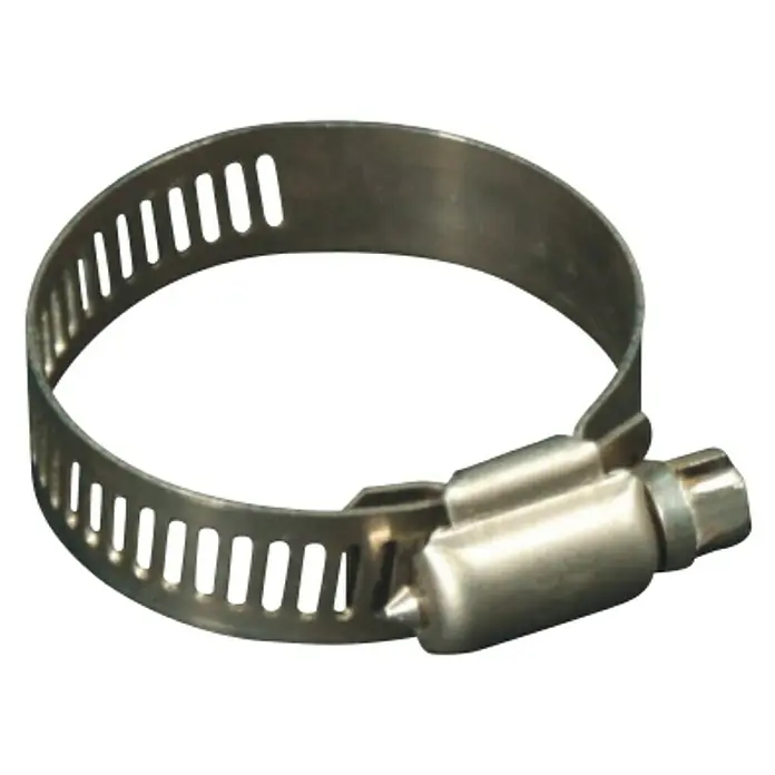 Malibu Schlauchschelle - Spannbereich: 25 mm - 40 mm, Edelstahl - Nahaufnahme einer Schlauchschelle aus Metall mit Schraubmechanismus zur Befestigung von Schläuchen und Rohren.