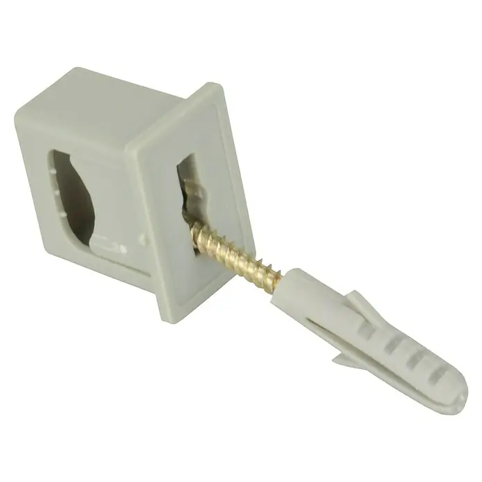 Voltomat Raster-Druckschelle - 6 mm - 16 mm, Grau, Kunststoff, 15 Stk. - Nahaufnahme einer Dübelbefestigung mit Schraube, ideal für sichere Wandmontagen im Haushalt.