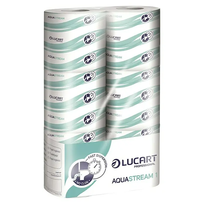 Toilettenpapier - Anzahl Rollen: 6 Stk., Anzahl Blätter: 200 Stk. - Bild eines Lucart Professional Aquastream 1 Toilettenpapier-Multipacks mit der Aufschrift "Schnelle Auflösung, kein Verstopfen".