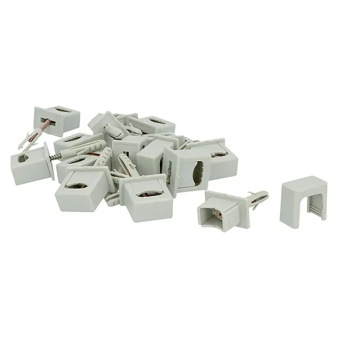 Voltomat Raster-Druckschelle - 6 mm - 16 mm, Grau, Kunststoff, 15 Stk. - Nahaufnahme einer Ansammlung von Kabelbefestigungsclips, die eine einfache und sichere Kabelführungslösung für verschiedene Anwendungen bieten.