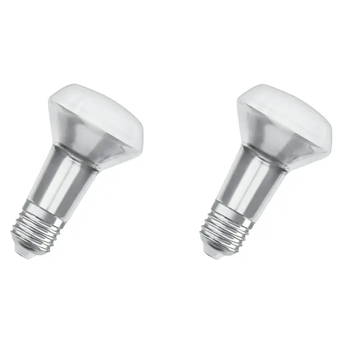 Osram Star LED-Lampen Set Reflektor E27 - E27, Nicht Dimmbar, Warmweiß, 345 lm, 4,3 W, 2 Stk. - Zwei LED-Reflektorlampen mit silbernem Sockel und weißem Reflektor vor schwarzem Hintergrund. Energiesparend und langlebig.