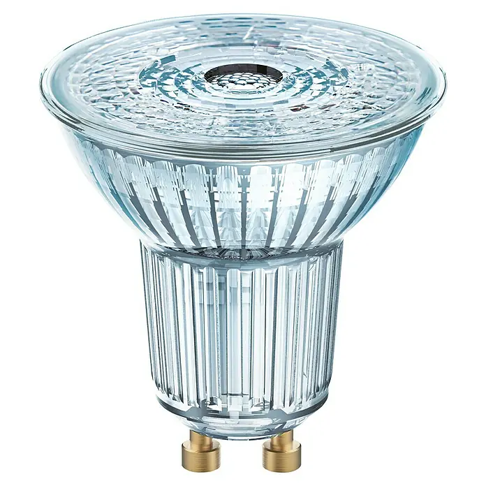 Osram Star LED-Lampen Set Reflektor GU10 - GU10, Nicht Dimmbar, Warmweiß, 350 lm, 4,3 W, 2 Stk. - Nahaufnahme einer MR16-Lampe, die für ihre effiziente Beleuchtung bekannt ist. Die Lampe verfügt über goldene Stifte an der Basis.