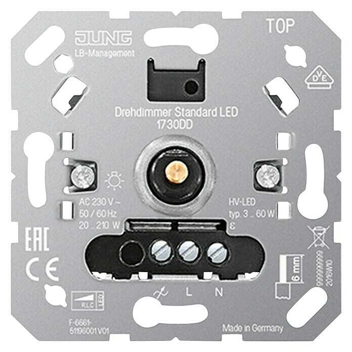 Jung LED-Dimmer3 W - 210 W, Metall, Unterputz Front View