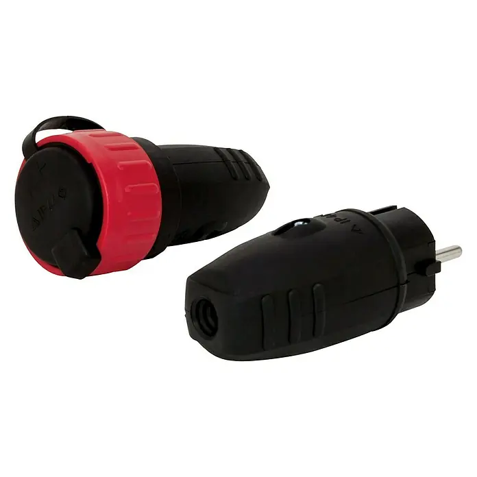 Gummi-Schutzkontakt-Stecker mit Sicherheitskupplung - 230 V, IP44 - Eine Nahaufnahme von zwei schwarzen APLUS-Steckern mit roten Akzenten, die die robuste Bauweise und das wetterfeste Design hervorheben.