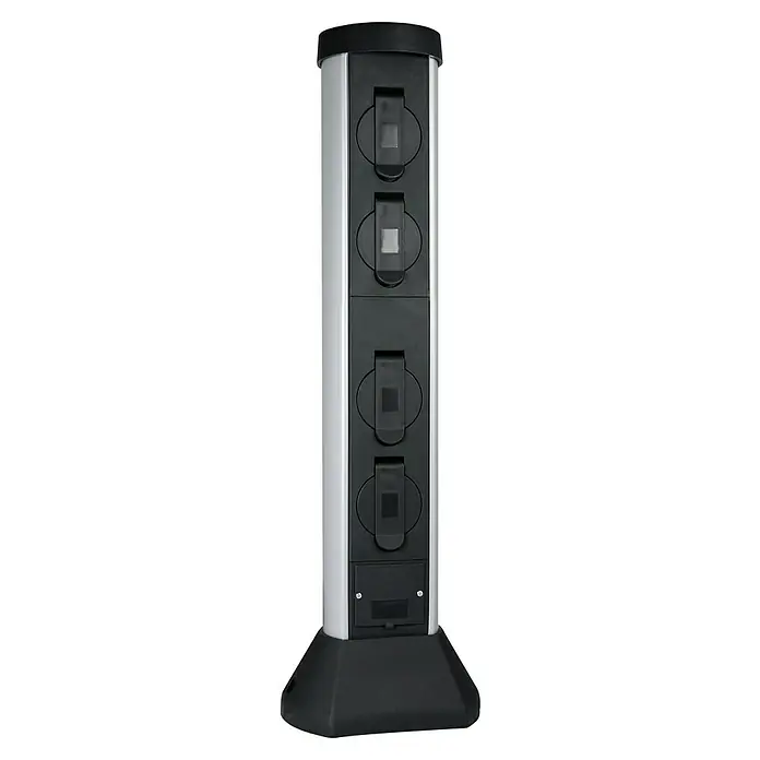 REV Energiesäule SilverCraft - Anzahl Steckdosen Schuko: 4 Stk., 58 cm, Schwarz, 4-fach - Hier ist ein Bild einer grauen und schwarzen Ladesäule mit vier Steckdosen für Elektrofahrzeuge, perfekt für den öffentlichen Raum.