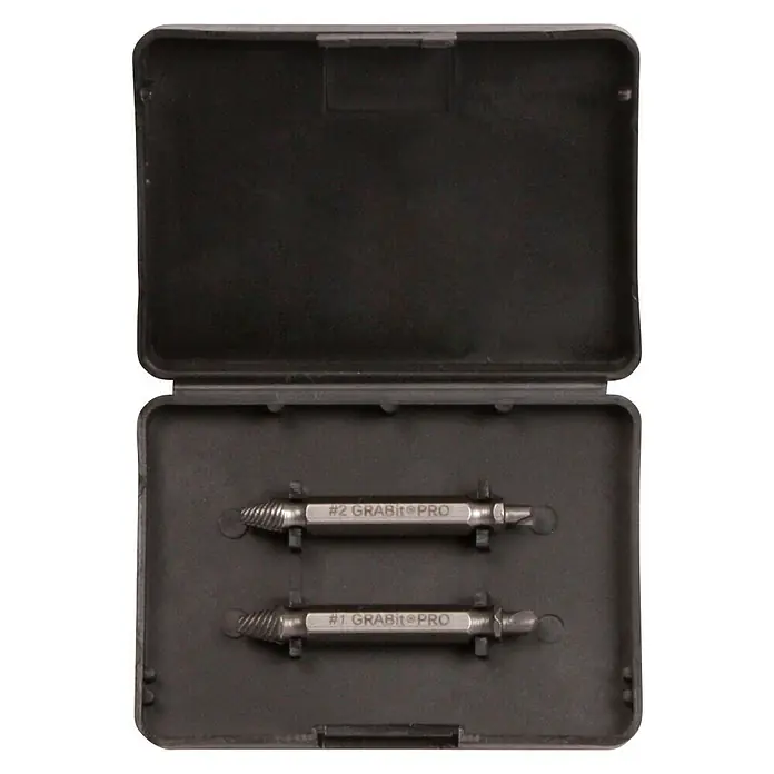 Broszio Schraubenausdreher Screw-Ex² - 2 -tlg. - Bild eines offenen schwarzen Etuis, in dem zwei GräBit Pro Schraubenentferner in den Größen #1 und #2 liegen.
