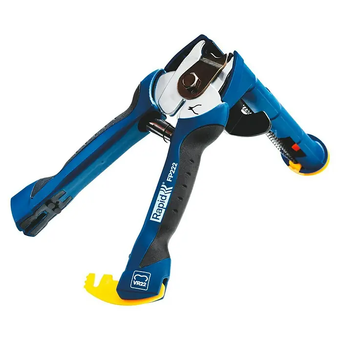 Rapid Zaunzange FP222 - Ohne Ringklammern - Das Bild zeigt eine Rapid FP222 Zange in Blau und Schwarz, ein Werkzeug zum Fixieren von Materialien mit gummierten Griffen.