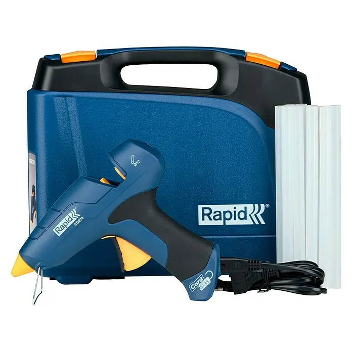 Rapid Heißklebepistolen-Set CG270 - Durchmesser Klebepatrone: 12 mm, 250 W, Passend für: Klebestifte 12 x 190 mm - Das Rapid CG270 Akku-Heißklebegerät mit blauem Gehäuse, schwarzem Griff und orangefarbenen Akzenten. Inklusive Klebesticks und Aufbewahrungskoffer.