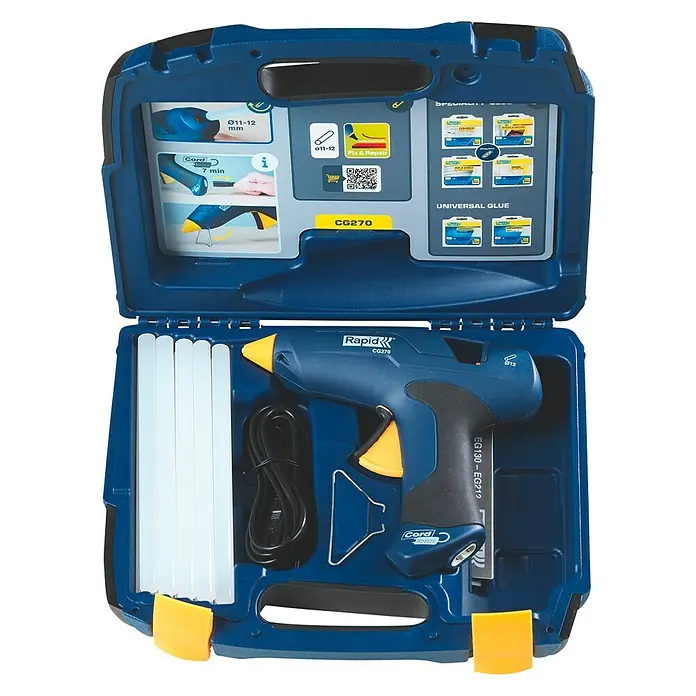 Rapid Heißklebepistolen-Set CG270 - Durchmesser Klebepatrone: 12 mm, 250 W, Passend für: Klebestifte 12 x 190 mm - Das Rapid CG270 Klebepistolen-Set in einem blauen Koffer. Ideal für Reparaturen und Bastelarbeiten. Vielseitig und präzise.