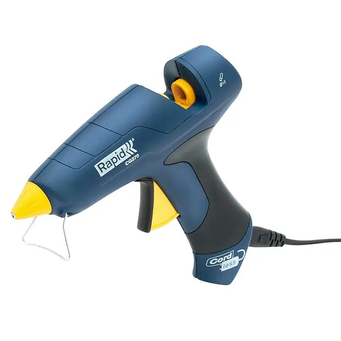 Rapid Heißklebepistolen-Set CG270 - Durchmesser Klebepatrone: 12 mm, 250 W, Passend für: Klebestifte 12 x 190 mm - Das Bild zeigt eine blaue Rapid CG270 Heißklebepistole mit gelben Akzenten, die für präzise Klebearbeiten konzipiert ist und über ein Kabel verfügt.