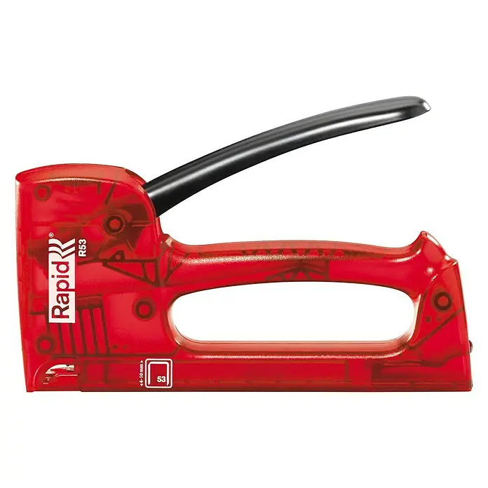 Rapid Handtacker R53 X-Ray - Geeignet für: Klammern Typ 53, Klammertiefe: 4 mm - 10 mm - Roter Rapid R53 Tacker, ein robustes Werkzeug für Heimwerker- und Profi-Anwendungen. Ideal zum Befestigen von Stoffen, Leder und mehr.