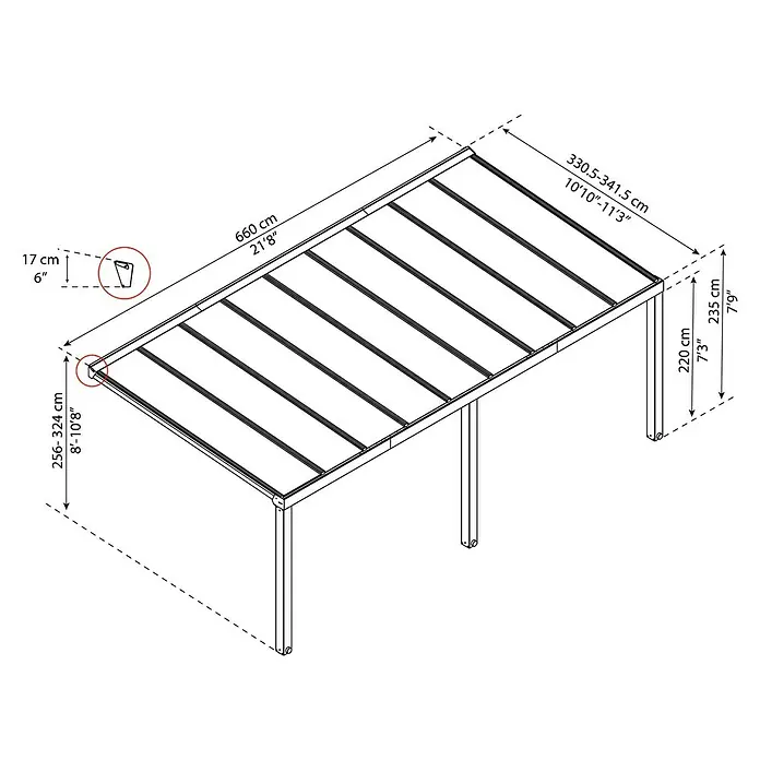 Palram – Canopia Terrassenüberdachung Stockholm - B x T: 660 x 340 cm, Anthrazitgrau, Polycarbonat - Eine perspektivische Zeichnung einer Pergola mit Abmessungen in Zentimetern und Fuß angegeben.