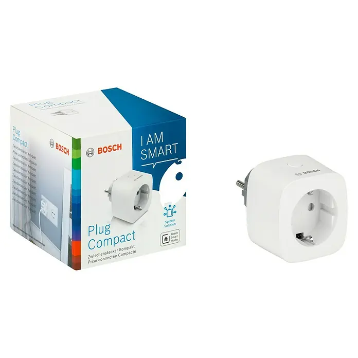 Bosch Smart Home Smart-Steckdose Kompakt - Weiß, Max. Anschlussleistung: 3.680 W - Bosch Smart Plug Compact und Verpackung. Intelligente Steuerung für Ihre Geräte im ganzen Haus mit dem Bosch Smart Home System.