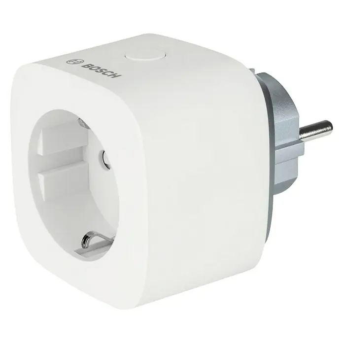 Bosch Smart Home Smart-Steckdose Kompakt - Weiß, Max. Anschlussleistung: 3.680 W - Nahaufnahme eines weißen Bosch Smart Plug Steckers mit Eurostecker, der Automatisierung im Haushalt ermöglicht.