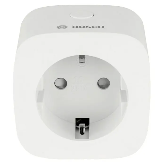 Bosch Smart Home Smart-Steckdose Kompakt - Weiß, Max. Anschlussleistung: 3.680 W - Nahaufnahme einer weißen Bosch-Steckdose mit runden Ecken, die eine moderne und funktionale Ergänzung für jeden Raum darstellt.
