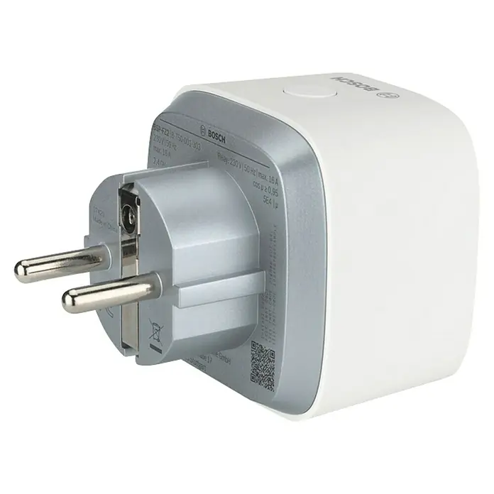 Bosch Smart Home Smart-Steckdose Kompakt - Weiß, Max. Anschlussleistung: 3.680 W - Abbildung eines Bosch Smart Plug, einem intelligenten Stecker für das Smart Home mit silbernem Rahmen und europäischem Stecker.