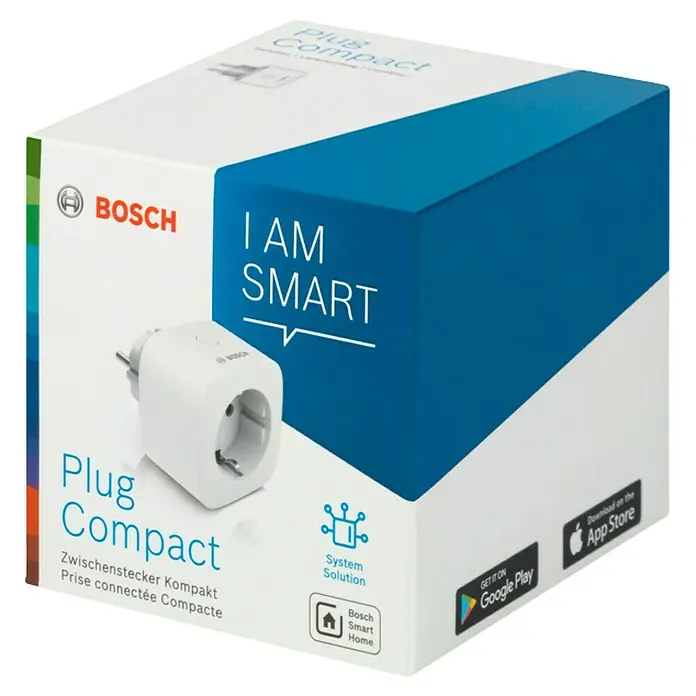 Bosch Smart Home Smart-Steckdose Kompakt - Weiß, Max. Anschlussleistung: 3.680 W - Produktverpackung für den smarten Bosch Plug Compact Zwischenstecker mit Apps für Android und iOS.