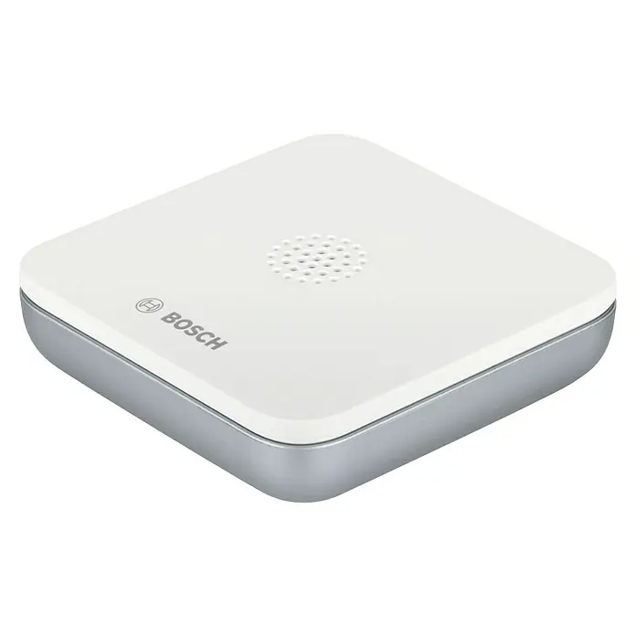 Bosch Smart Home Funk-Wassermelder - Batteriebetrieben, 75 x 75 x 25 mm - Nahaufnahme eines Bosch Smart Home Geräts mit weißem Gehäuse und silbernem Rand, ideal für die Hausautomation.