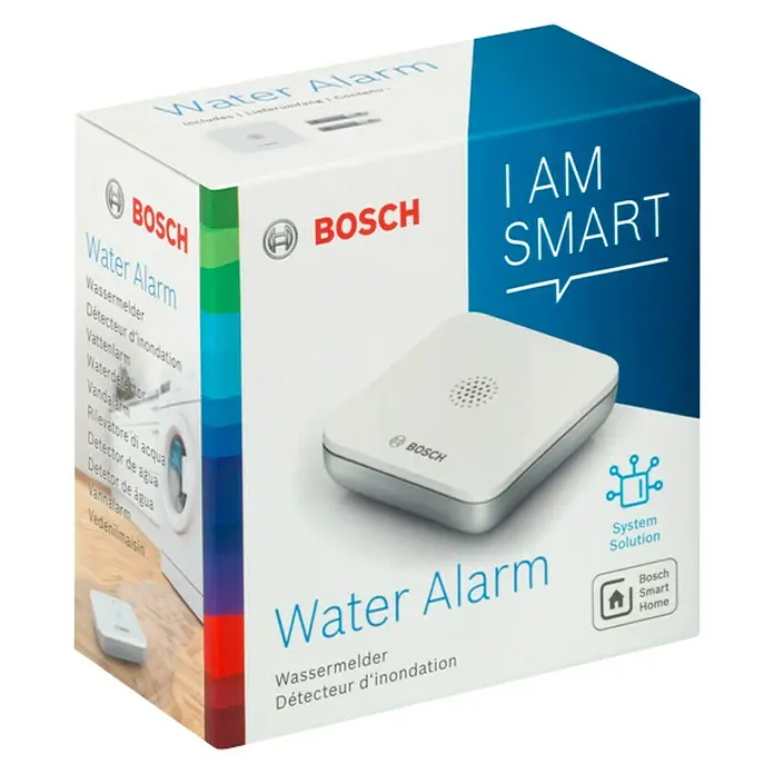 Bosch Smart Home Funk-Wassermelder - Batteriebetrieben, 75 x 75 x 25 mm - Abbildung der Verpackung des Bosch Wassermelders, der vor Wasserschäden warnt und sich in ein Smart Home integrieren lässt.