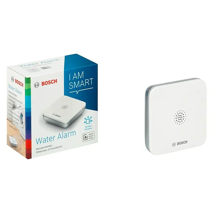 Bosch Smart Home Funk-Wassermelder - Batteriebetrieben, 75 x 75 x 25 mm - Produktabbildung des Bosch Water Alarm Wassermelders, bestehend aus einer Verpackung und dem eigentlichen Gerät in Weiß.