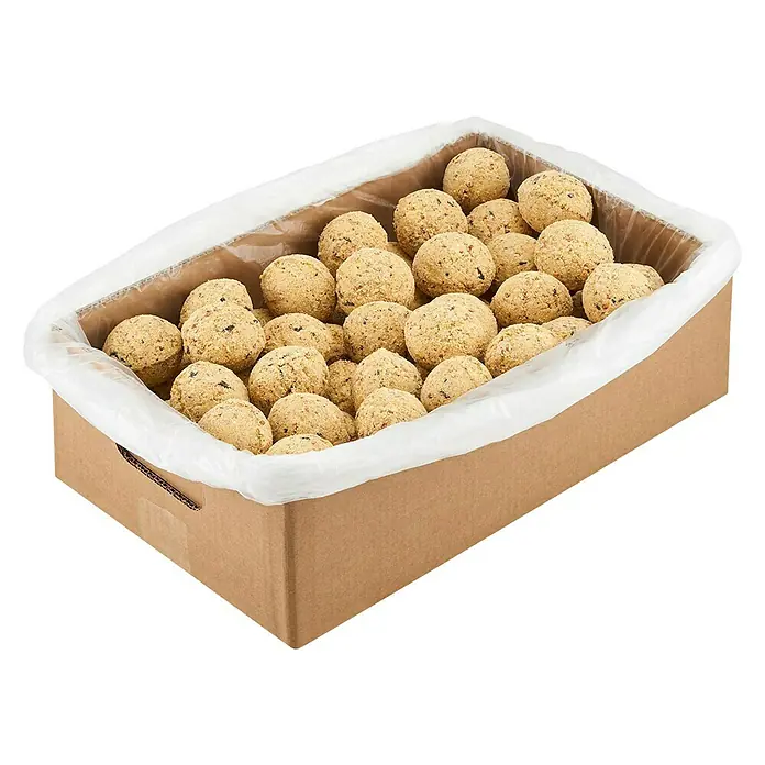 Dobar Meisenknödel - 100 Stk. - Eine Kiste voller herzhafter, goldener Hackbällchen mit dunklen Kräutern, perfekt für eine schnelle und leckere Mahlzeit. Ideal für Buffets oder als Snack.