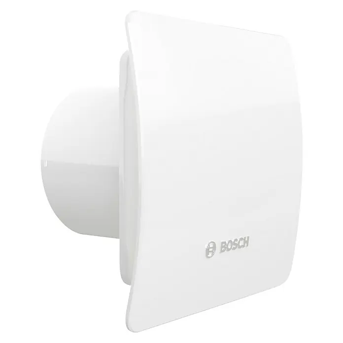 Bosch Ventilador de pared Fan 1500 DH - Blanco, 12,5 cm - Extractor de aire blanco Bosch para montaje en pared. El ventilador tiene un diseño moderno y cuadrado, proporcionando aire fresco en la habitación.