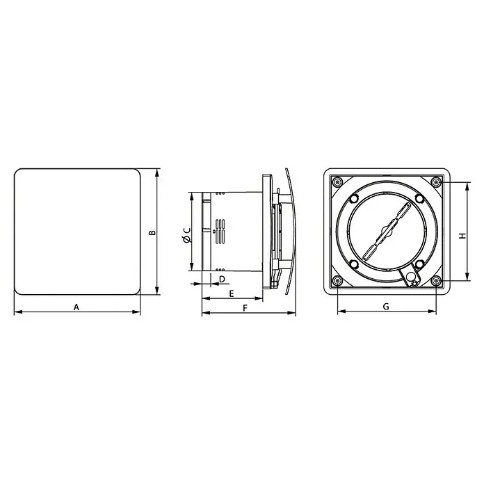 Bosch Wandventilator Fan 1500 - Weiß, 12,5 cm - Dimensionszeichnung eines quadratischen Abluftventilators mit den Abmessungen A, B, C, D, E, F, G, H.