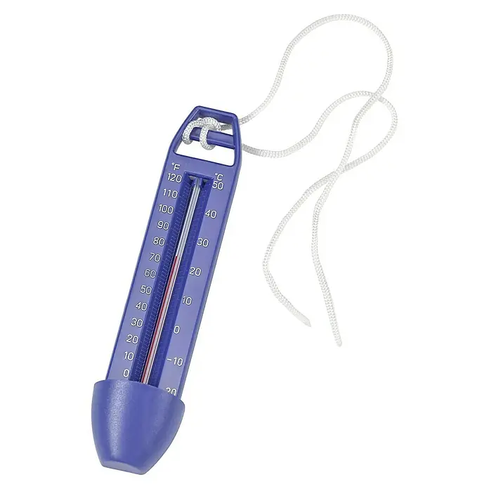 Malibu Wasserthermometer Ocean - Blau - Nahaufnahme eines blauen Thermometers mit einer weißen Schnur, das sowohl Fahrenheit- als auch Celsius-Werte anzeigt.