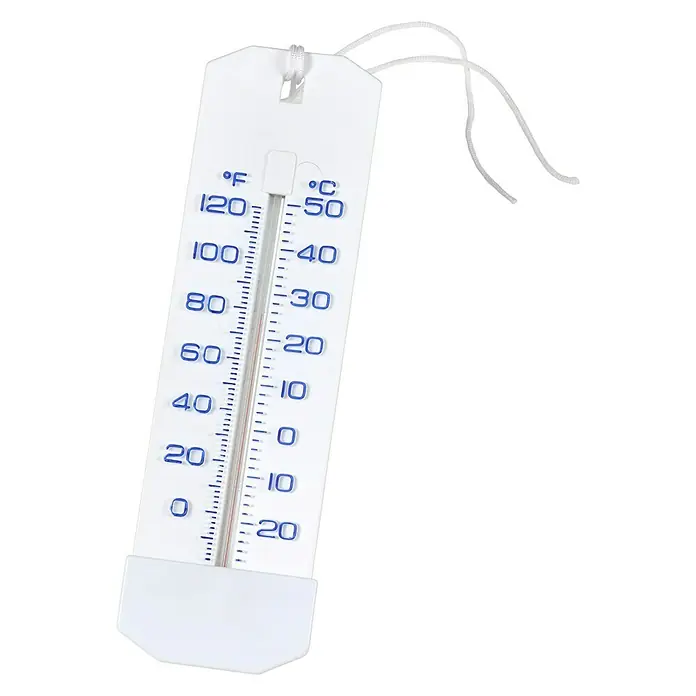 Malibu Wasserthermometer White - Weiß - Nahaufnahme eines weißen Thermometers mit blauer Skala für Fahrenheit und Celsius und einer weißen Aufhängeschnur.