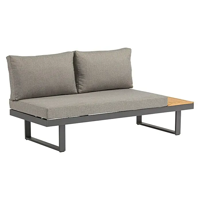 Loungemöbel-Set Tatjana - 2 -tlg., Aluminium, Akazie, Anthrazit/Naturbraun - Dieses Bild zeigt ein modernes Gartensofa mit grauen Kissen und einem Gestell aus Metall und Holz. Das Sofa lädt zum Entspannen im Freien ein.