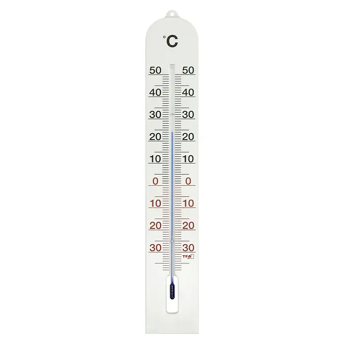 TFA Dostmann Thermometer - Analog, L x B x H: 6,8 x 1 x 41 cm, Weiß - Ein Thermometer mit blauer Flüssigkeit, das eine Temperatur von etwa 22 Grad Celsius anzeigt.