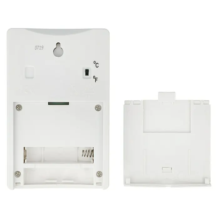 TFA Dostmann Thermo-Hygrometer - Breite: 7 cm - Ein offenes, weißes digitales Thermometer mit einer leeren Batteriehalterung und einer separaten Abdeckung für das Batteriefach.