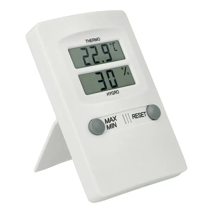 TFA Dostmann Thermo-Hygrometer - Breite: 7 cm - Nahaufnahme eines digitalen Thermo-Hygrometers, das Temperatur und Luftfeuchtigkeit anzeigt, mit Tasten zur Einstellung der Maximal- und Minimalwerte sowie zum Zurücksetzen.