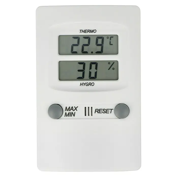TFA Dostmann Thermo-Hygrometer - Breite: 7 cm - Digitales Thermo-Hygrometer mit LCD-Display zur Anzeige von Temperatur (22,9°C) und Luftfeuchtigkeit (30%) sowie Max/Min- und Reset-Funktion.