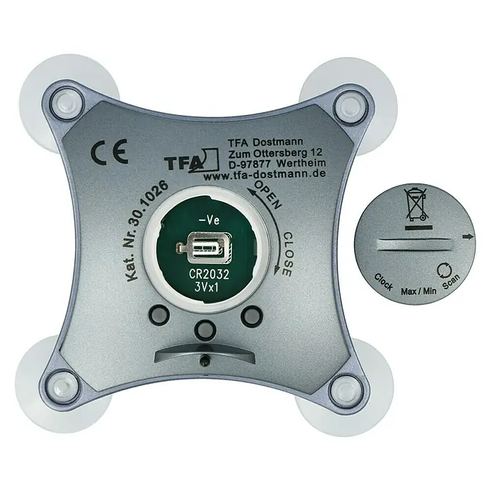 TFA Dostmann Fensterthermometer Poco Digital - Digital, L x B x H: 2,2 x 6,7 x 6,7 cm - Das TFA Dostmann Gerät mit Saugnäpfen und Batteriefach für eine CR2032 Batterie, ideal für präzise Messungen.