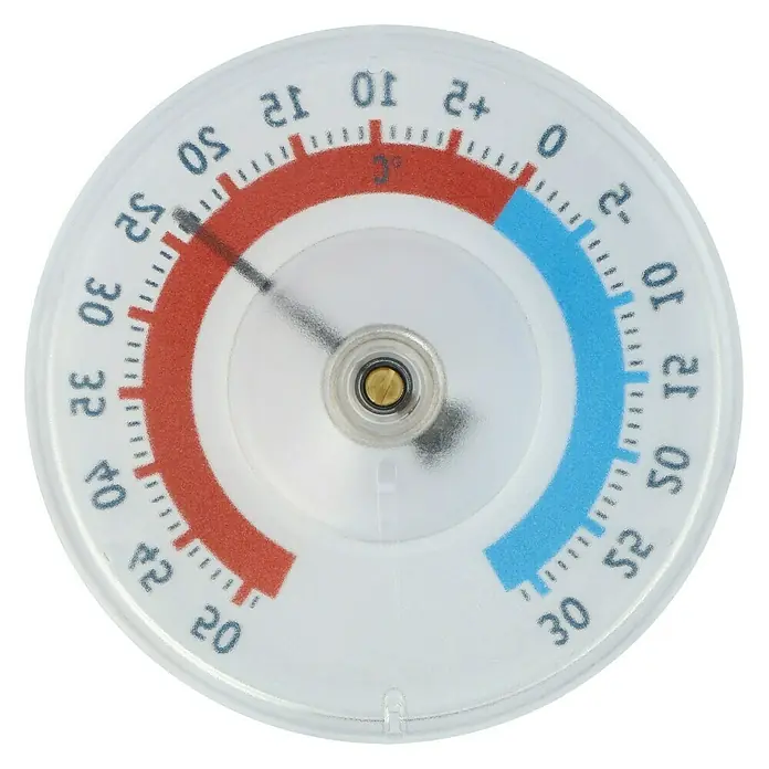 TFA Dostmann Fensterthermometer Twatcher - Analog, L x B x H: 2,7 x 8 x 8 cm - Nahaufnahme eines runden Thermometers mit roter und blauer Skala, das eine Temperatur von etwa 47 Grad Celsius anzeigt.