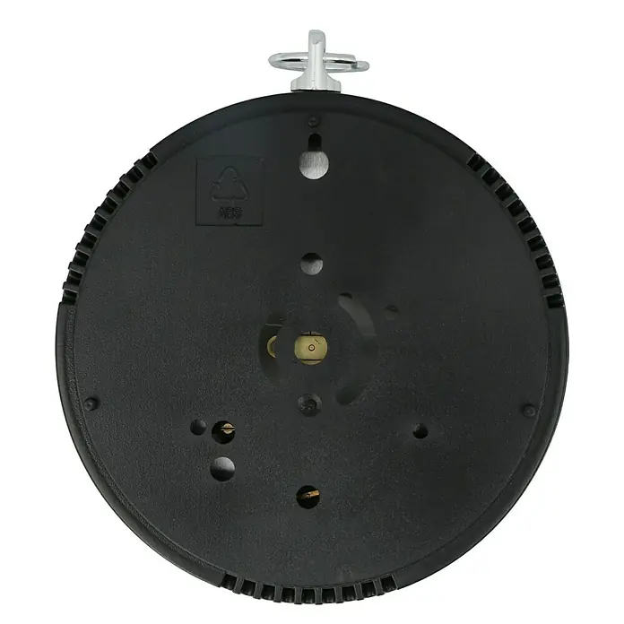 TFA Dostmann Thermo-Hygrometer - Analog, Durchmesser: 10,2 cm - Rückansicht einer runden, schwarzen Wetterstation mit einer Öse zum Aufhängen. Sie besteht aus robustem ABS-Kunststoff.
