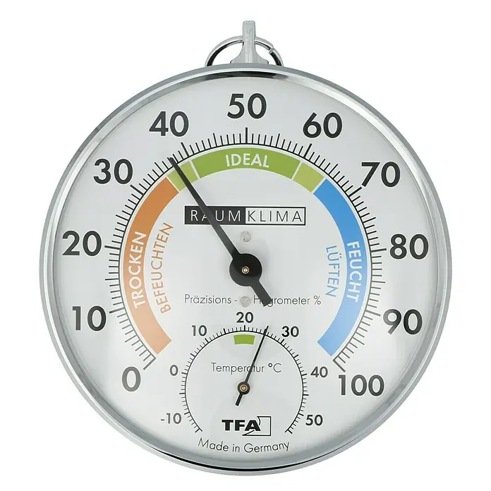 TFA Dostmann Thermo-Hygrometer - Analog, Durchmesser: 10,2 cm - Raumklima-Messgerät. Präzisions-Hygrometer von TFA für die Messung von Temperatur und Luftfeuchtigkeit im Raum, zur Überwachung des Raumklimas.