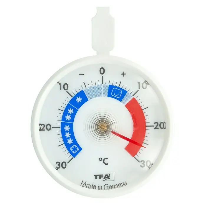 TFA Dostmann Kühlschrankthermometer - Analog - Nahaufnahme eines runden TFA-Thermometers mit einer roten Nadel, die auf etwa -25 Grad Celsius zeigt.