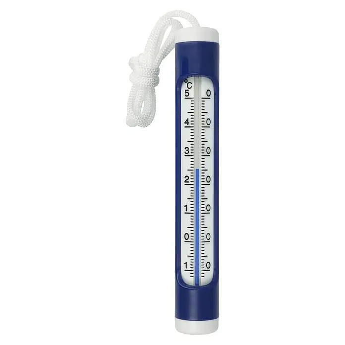 TFA Dostmann Wasserthermometer - Analog, L x B x H: 2,4 x 2,4 x 16 cm, Blau/Weiß - Ein Thermometer mit einer blauen Flüssigkeitssäule und einer weißen Schnur. Das Thermometer zeigt eine Temperatur von etwa 2 Grad Celsius an.