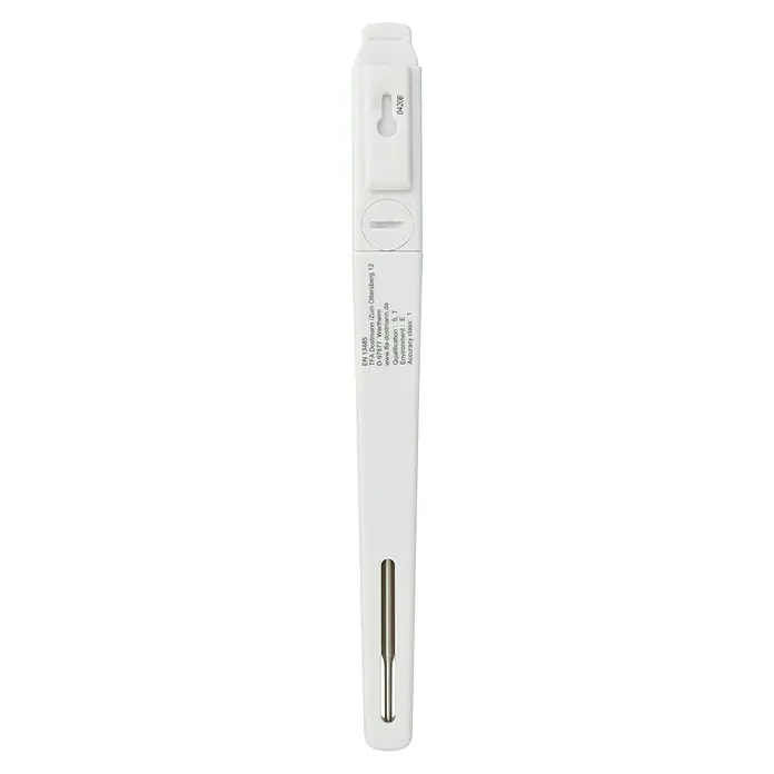 TFA Dostmann Einstichthermometer Pocket-Digitemp - Digital, L x B x H: 1,6 x 2 x 20,5 mm - Ein weißes, längliches Thermometer mit einer Metallspitze und Informationen zu Hersteller und Zertifizierung auf der Oberfläche.