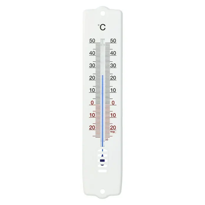 TFA Dostmann Thermometer - Analog, L x B x H: 0,9 x 4,4 x 20,7 cm, Weiß - Ein Thermometer zeigt eine Temperatur von etwa 23 Grad Celsius an, das Gerät ist für Innen- und Außenbereiche geeignet.