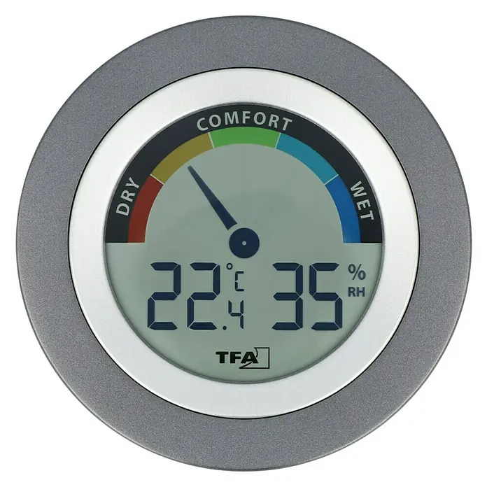 TFA Dostmann Thermo-Hygrometer Cosy - Durchmesser: 10,4 cm - Das digitale Thermo-Hygrometer von TFA zeigt Temperatur und Luftfeuchtigkeit an, um das Raumklima zu optimieren und das Wohlbefinden zu steigern.