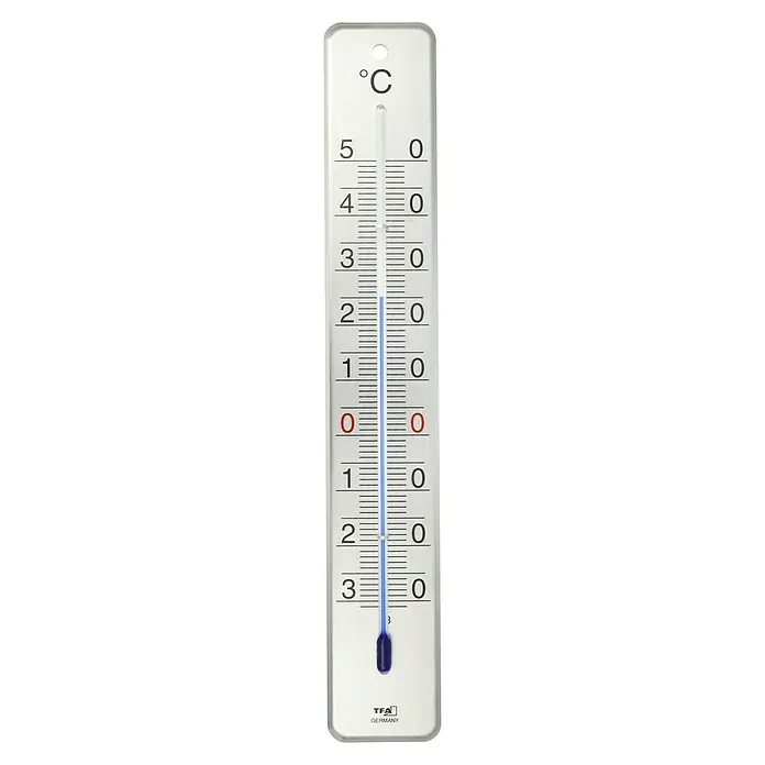 TFA Dostmann Thermometer - Analog, L x B x H: 0,9 x 4,5 x 28 cm, Silber - Ein TFA Germany Thermometer, das eine Temperatur von etwa 2 Grad Celsius anzeigt, ideal für Innen- und Außenbereiche.