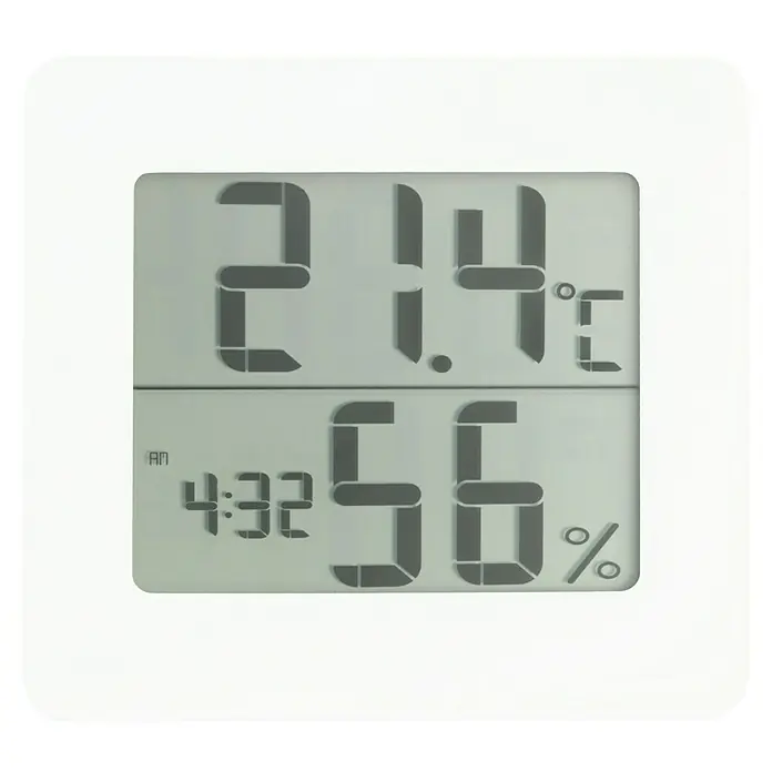 TFA Dostmann Thermo-Hygrometer - Breite: 9,4 cm - Dieses Bild zeigt ein Thermometer-Hygrometer, das 21,4°C und 56% relative Luftfeuchtigkeit anzeigt. Es zeigt auch die Uhrzeit 4:32 AM.