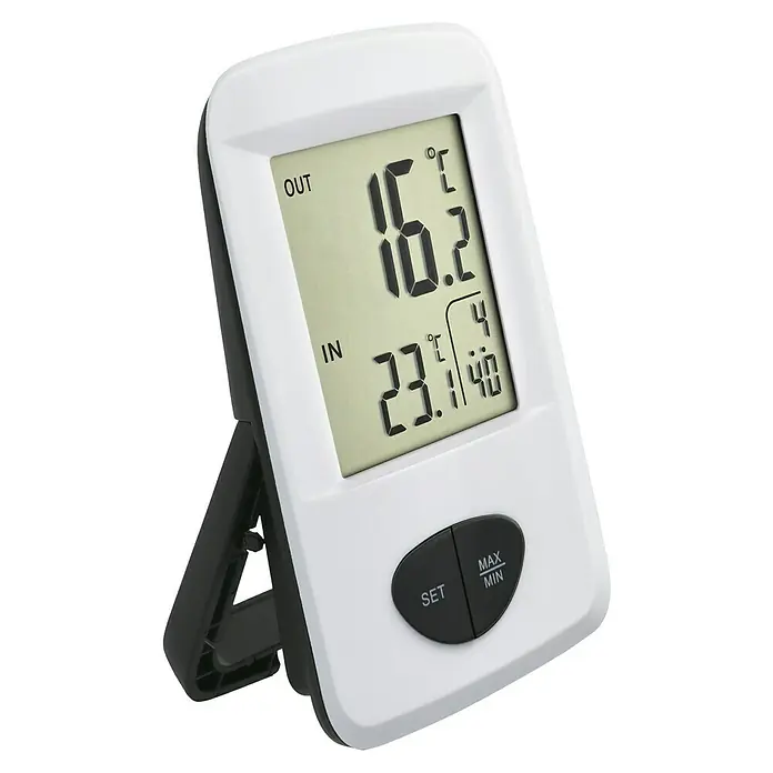 TFA Dostmann Funkthermometer Base - Digital, Reichweite Sensor: 30 m, Weiß - Das digitale Innen- und Außenthermometer zeigt präzise Temperaturwerte an und verfügt über eine Min/Max-Funktion sowie einen praktischen Aufsteller.