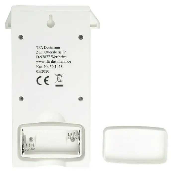 TFA Dostmann Thermometer Innen-Außen - Digital, L x B x H: 3,1 x 8,1 x 13,2 cm, Weiß - Detailansicht einer TFA Dostmann Wetterstation mit offenem Batteriefach und CE-Kennzeichnung.
