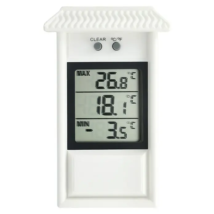 TFA Dostmann Thermometer Innen-Außen - Digital, L x B x H: 3,1 x 8,1 x 13,2 cm, Weiß - Wetterstation mit Anzeige von Höchst-, Tiefst- und aktuellen Temperaturwerten in Grad Celsius oder Fahrenheit.