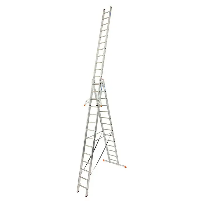 Krause Monto Mehrzweckleiter Tribilo - Arbeitshöhe: 10,9 m, Anzahl Tritte: 42 Stk., Belastbarkeit: 150 kg, Aluminium - Bild einer Mehrzweckleiter, die sowohl als Anlege- als auch als Bockleiter verwendet werden kann. Robuste Bauweise für sicheren Einsatz.