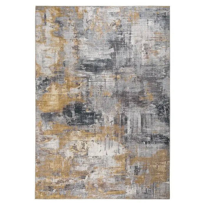 Kurzflorteppich Prima - Grau/Gelb, 230 x 160 cm, 100 % Polyester - Gemusterter Teppich mit abstraktem Design in Gold-, Grau- und Schwarztönen. Dieser stilvolle Teppich verleiht jedem Raum eine moderne Note.